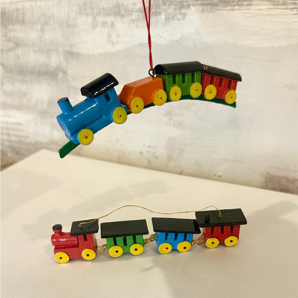 Vintage Hand-Painted Wooden Train Christmas Ornaments Lot of 2 Curved & Straight